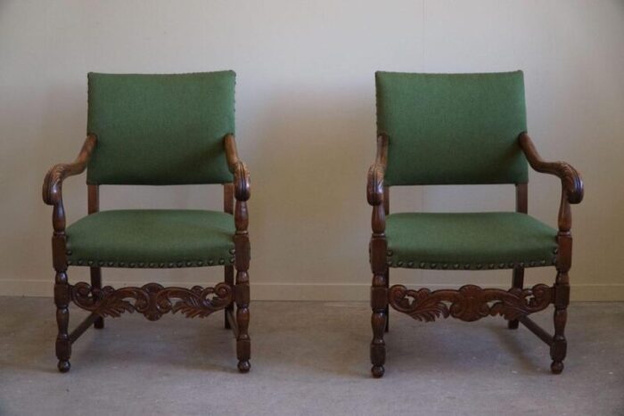 french armchairs in oak and wool 1920s set of 2 5631