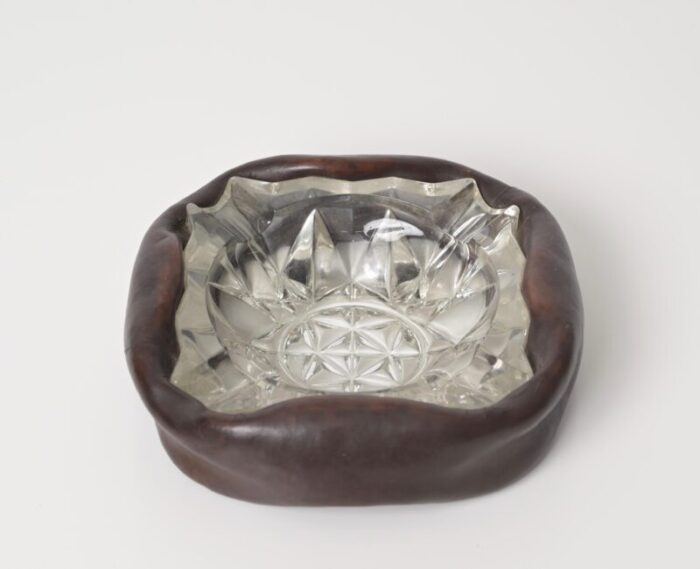 french bent leather and cut crystal ashtray by jacques adnet 1960s 4645