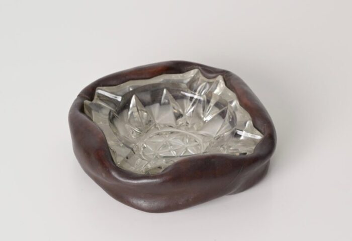 french bent leather and cut crystal ashtray by jacques adnet 1960s 6374