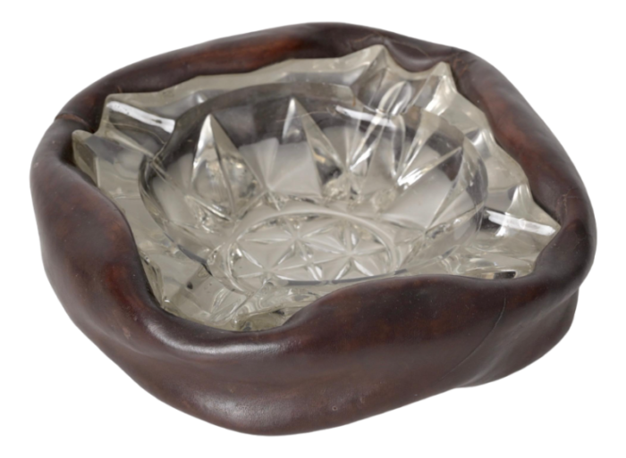 french bent leather and cut crystal ashtray by jacques adnet 1960s 8651