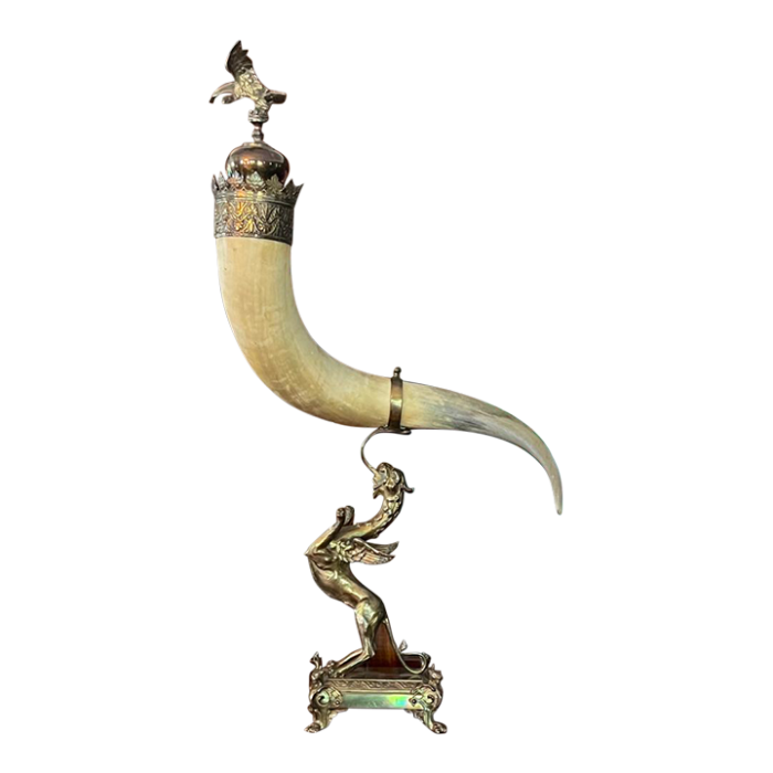 french circa 1860 large drinking horn trophy with heavy brass standing gryphon 5042