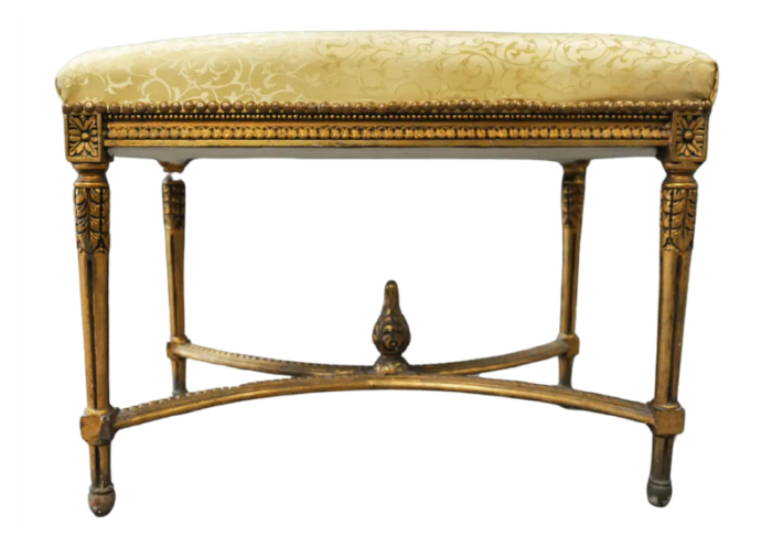 french gilt wood window seat with gilt carved floral motifs with damask silk 3479