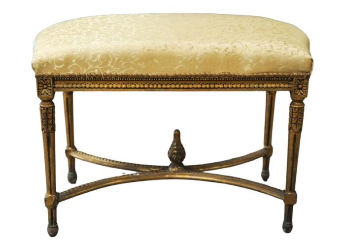 french gilt wood window seat with gilt carved floral motifs with damask silk 5057