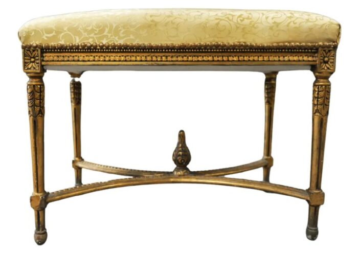 french gilt wood window seat with gilt carved floral motifs with damask silk 6032