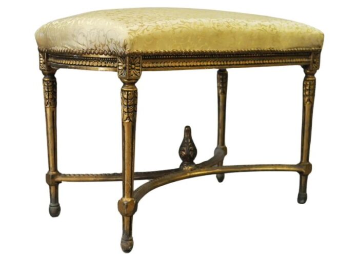 french gilt wood window seat with gilt carved floral motifs with damask silk 6859