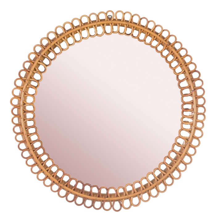 french riviera round mirror in curved rattan and bamboo attributed to albini italy 1960s 0111