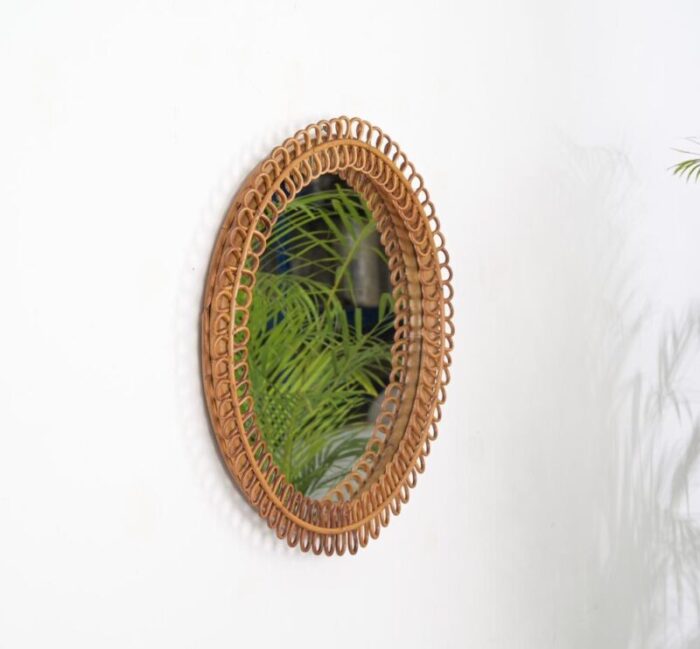 french riviera round mirror in curved rattan and bamboo attributed to albini italy 1960s 4725