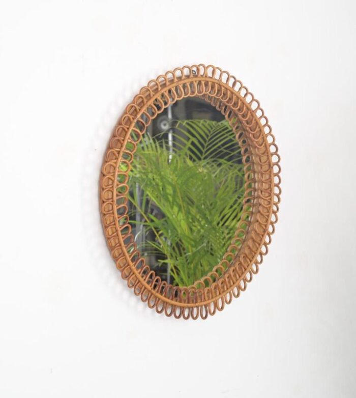 french riviera round mirror in curved rattan and bamboo attributed to albini italy 1960s 6327