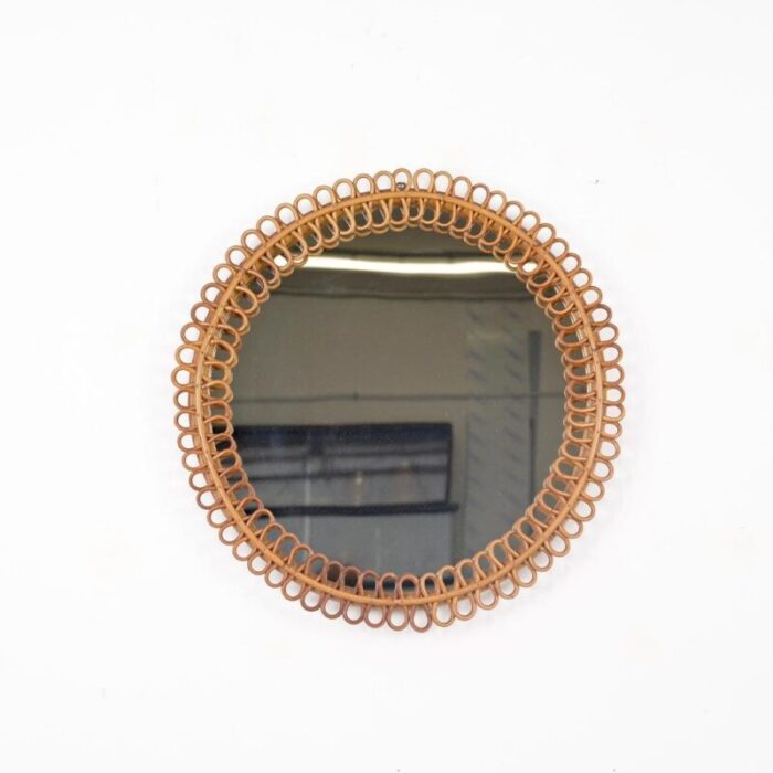 french riviera round mirror in curved rattan and bamboo attributed to albini italy 1960s 7085