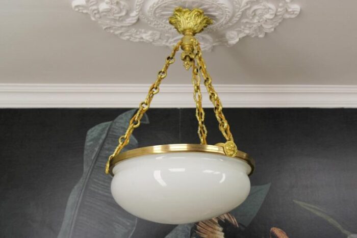 french white glass brass and bronze pendant chandelier 1920s 2187