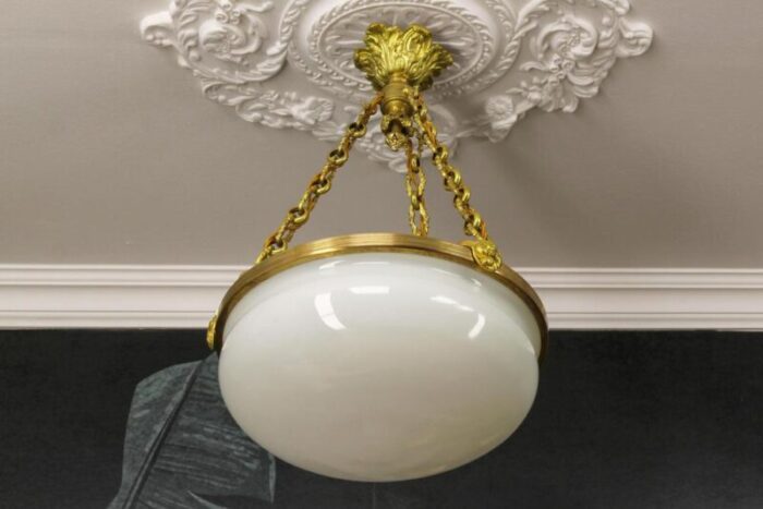 french white glass brass and bronze pendant chandelier 1920s 5553