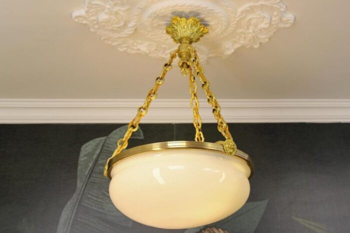 french white glass brass and bronze pendant chandelier 1920s 6099