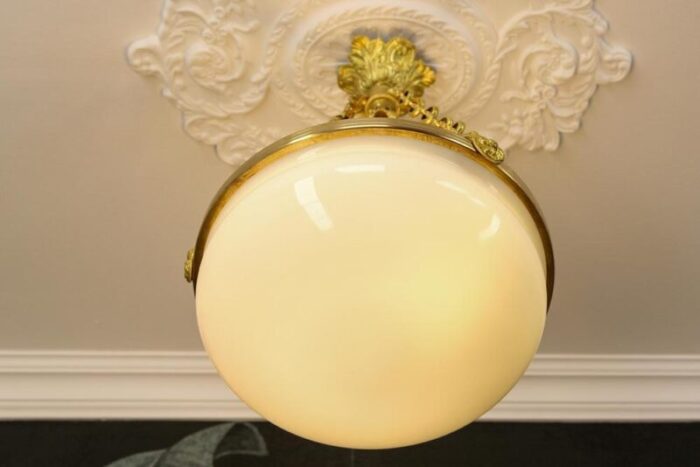 french white glass brass and bronze pendant chandelier 1920s 6871