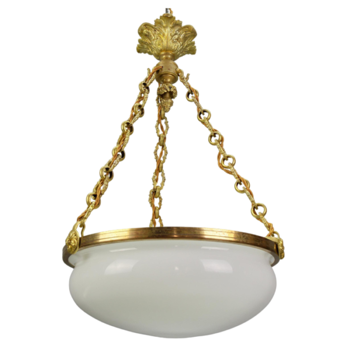 french white glass brass and bronze pendant chandelier 1920s 9711