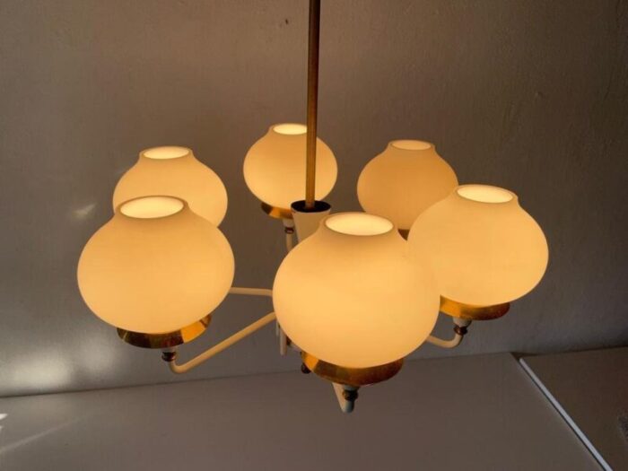 german modern 6 opal glass and white body chandelier by kaiser leuchten 1960s 2