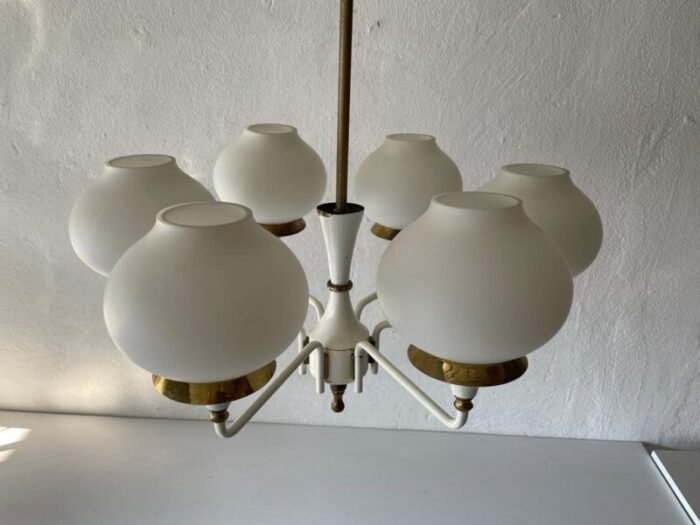 german modern 6 opal glass and white body chandelier by kaiser leuchten 1960s 5