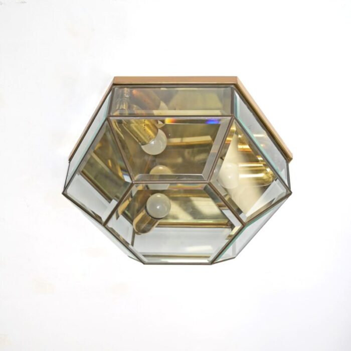 hexagonal brass and beveled glass sconce or ceiling lamp from fontana arte italy 1950s 5447