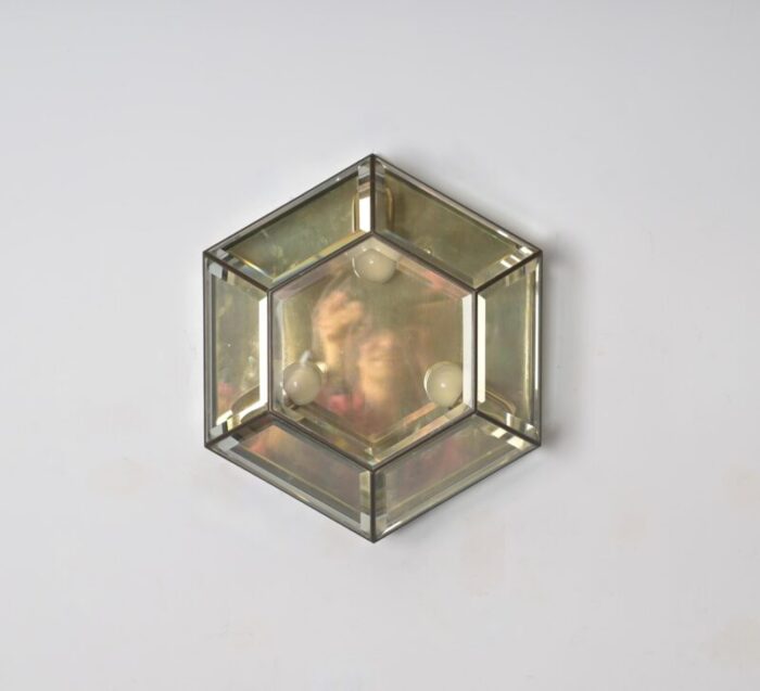 hexagonal brass and beveled glass sconce or ceiling lamp from fontana arte italy 1950s 6774