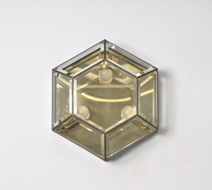 hexagonal brass and beveled glass sconce or ceiling lamp from fontana arte italy 1950s 7681