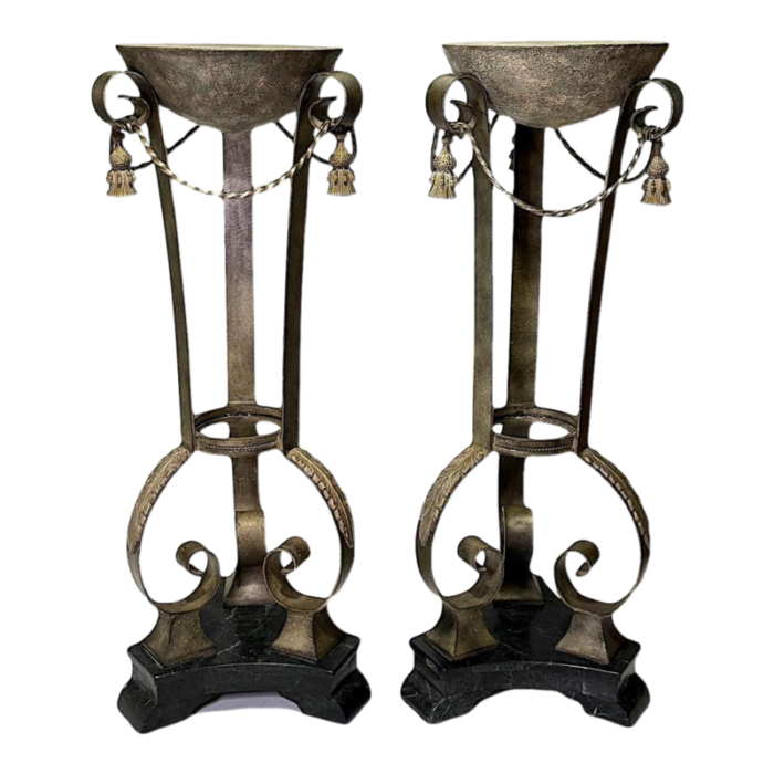 hollywood regency bronzed wrought iron and marble pedestals ferndisplay stands a pair 2597