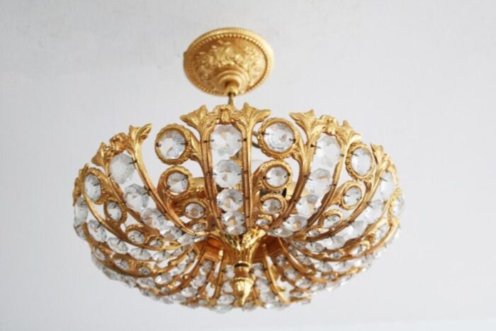 hollywood regency ceiling light in brass and crystal from peris andreu 1960s 0092