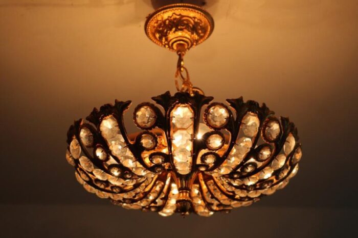 hollywood regency ceiling light in brass and crystal from peris andreu 1960s 5359