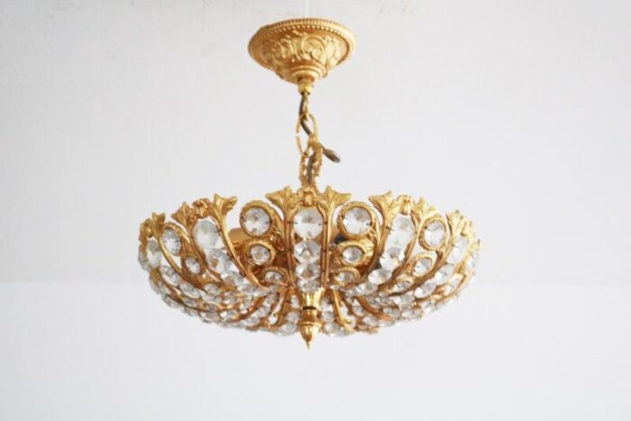 hollywood regency ceiling light in brass and crystal from peris andreu 1960s 7539