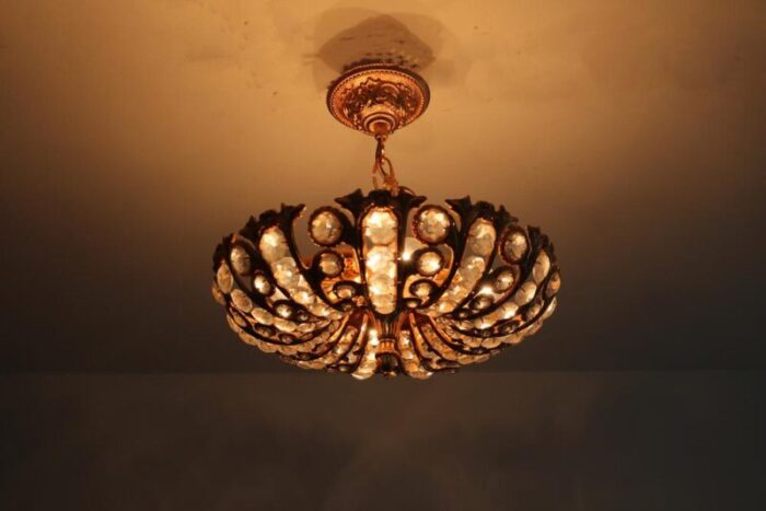 hollywood regency ceiling light in brass and crystal from peris andreu 1960s 9802