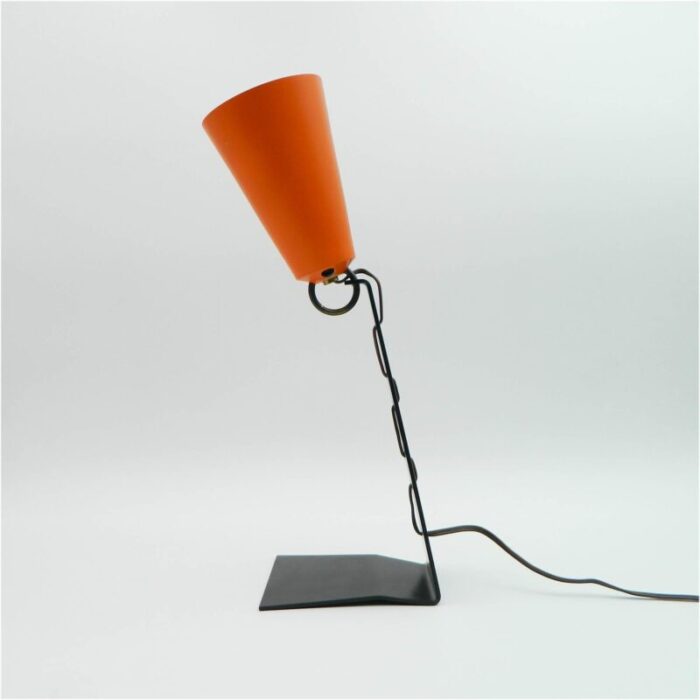 hook table lamps with orange shades and black bases by jt kalmar 1950s set of 2 0410