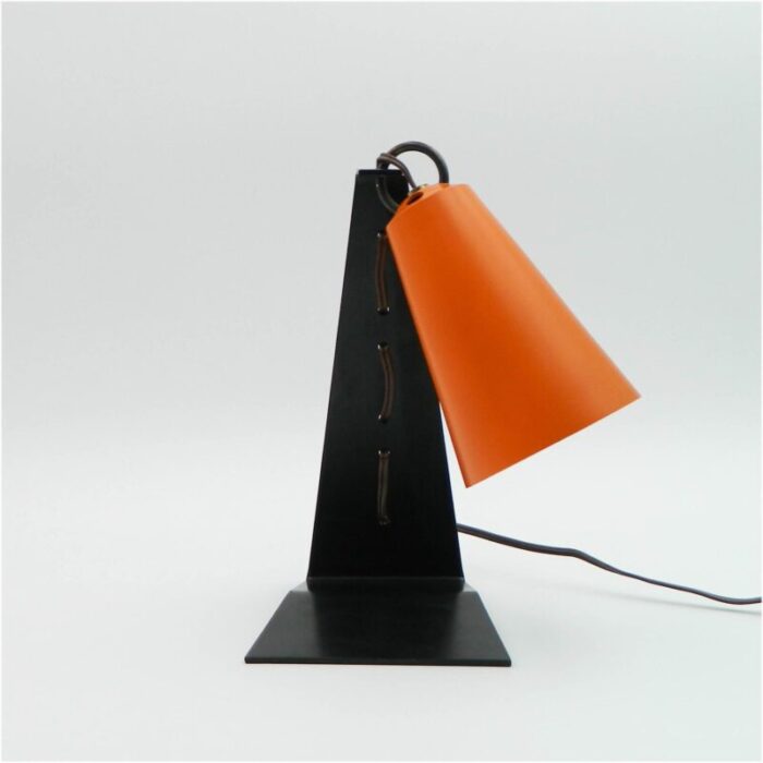 hook table lamps with orange shades and black bases by jt kalmar 1950s set of 2 2243