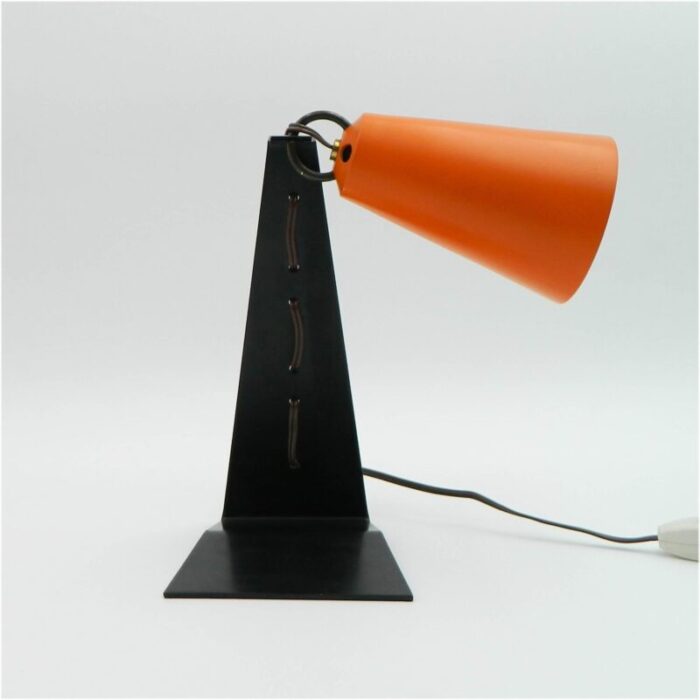 hook table lamps with orange shades and black bases by jt kalmar 1950s set of 2 3403