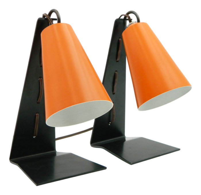 hook table lamps with orange shades and black bases by jt kalmar 1950s set of 2 3914