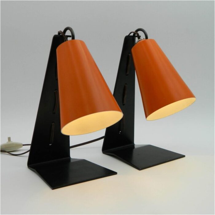 hook table lamps with orange shades and black bases by jt kalmar 1950s set of 2 3925