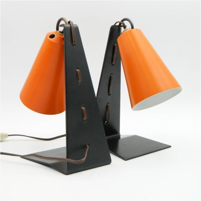 hook table lamps with orange shades and black bases by jt kalmar 1950s set of 2 6756