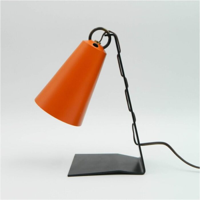 hook table lamps with orange shades and black bases by jt kalmar 1950s set of 2 9747