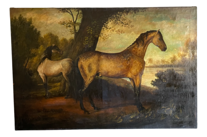 horses in a lake landscape 1800s oil on canvas 7973