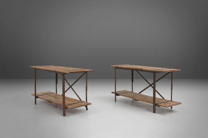 industrial side table with metal frame and wooden top and removable platform belgium 1920s 0619