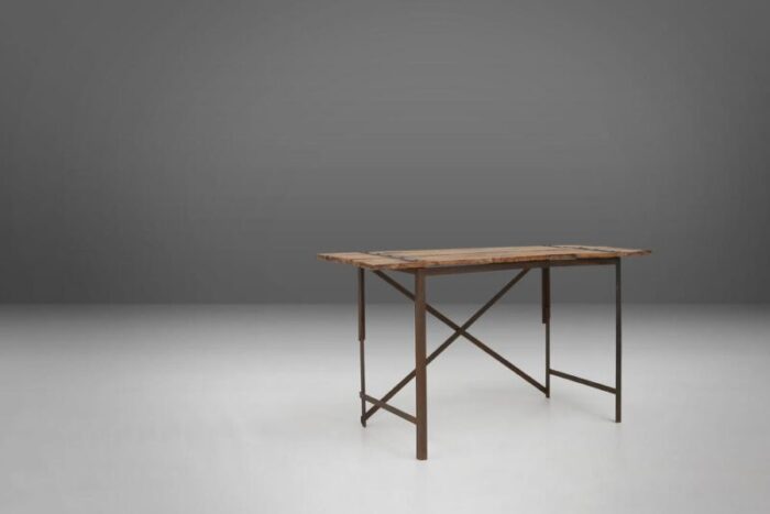 industrial side table with metal frame and wooden top and removable platform belgium 1920s 1278