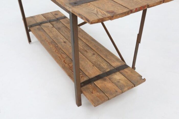 industrial side table with metal frame and wooden top and removable platform belgium 1920s 1802