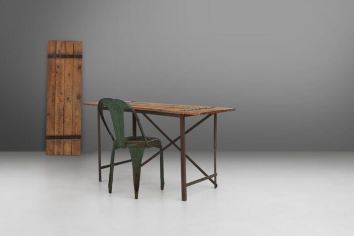 industrial side table with metal frame and wooden top and removable platform belgium 1920s 1855