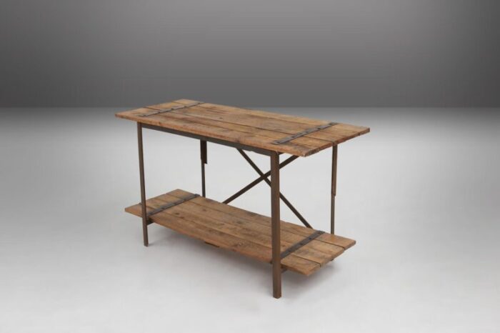 industrial side table with metal frame and wooden top and removable platform belgium 1920s 2080