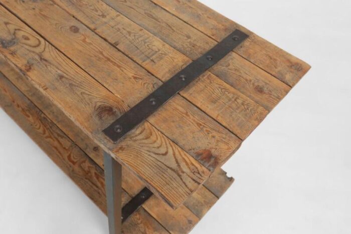 industrial side table with metal frame and wooden top and removable platform belgium 1920s 6685