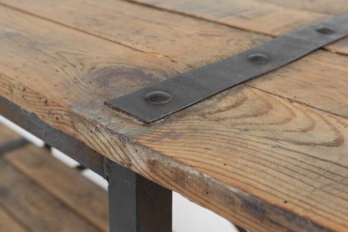 industrial side table with metal frame and wooden top and removable platform belgium 1920s 7128