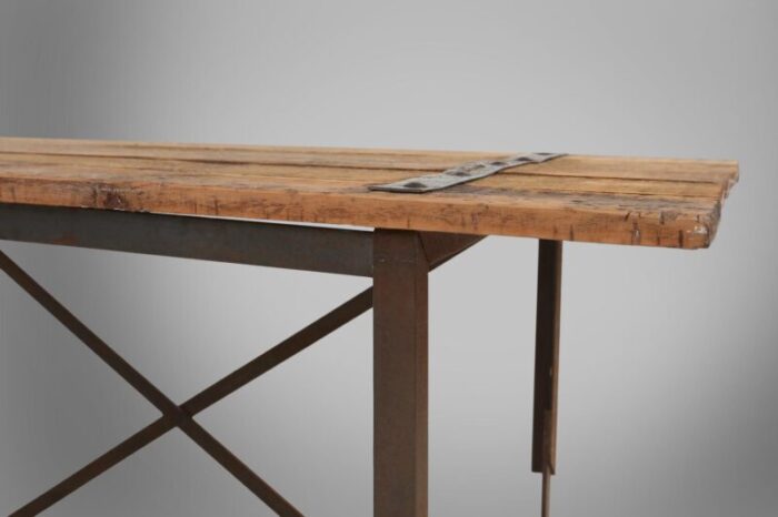 industrial side table with metal frame and wooden top and removable platform belgium 1920s 7898