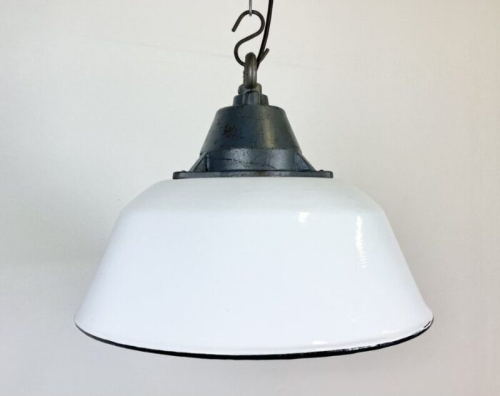 industrial white enamel and cast iron pendant light 1960s 1