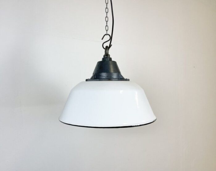 industrial white enamel and cast iron pendant light 1960s 2