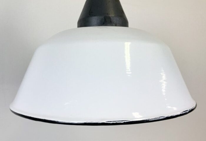 industrial white enamel and cast iron pendant light 1960s 4