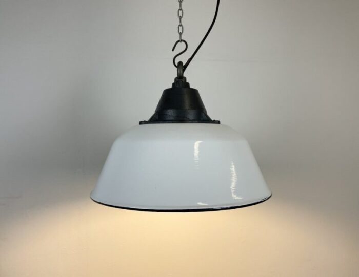 industrial white enamel and cast iron pendant light 1960s 7