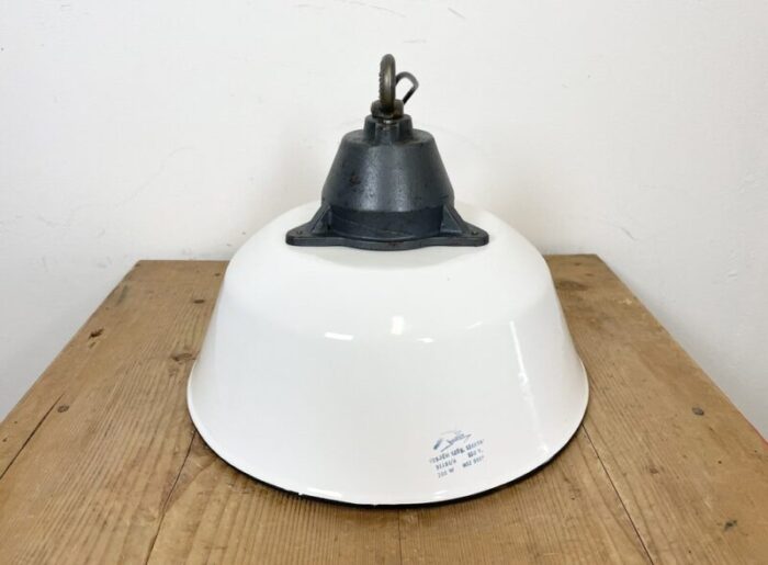 industrial white enamel and cast iron pendant light 1960s 9