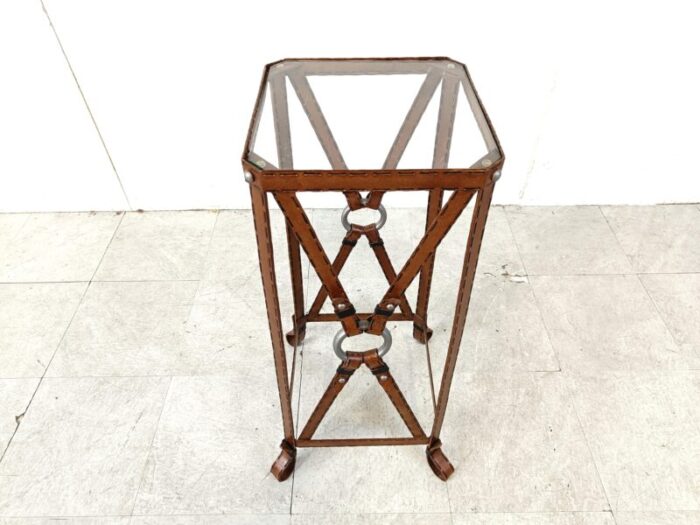 iron and faux leather side table in the style of jacques adnet 1970s 2230